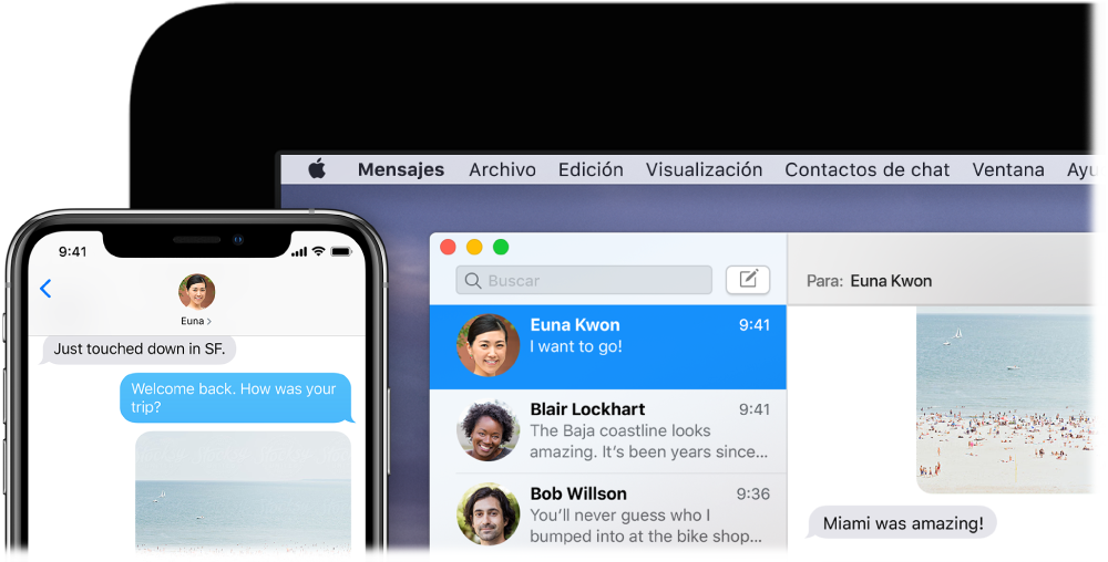 App Mensajes abierta en un Mac con la misma conversación que en la app Mensajes de un iPhone.