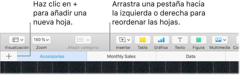 Ventana de Numbers donde se muestra cómo añadir una nueva hoja y cómo reordenar las hojas.