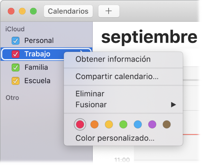 Menú de función rápida de Calendario con opciones para personalizar el color de un calendario.