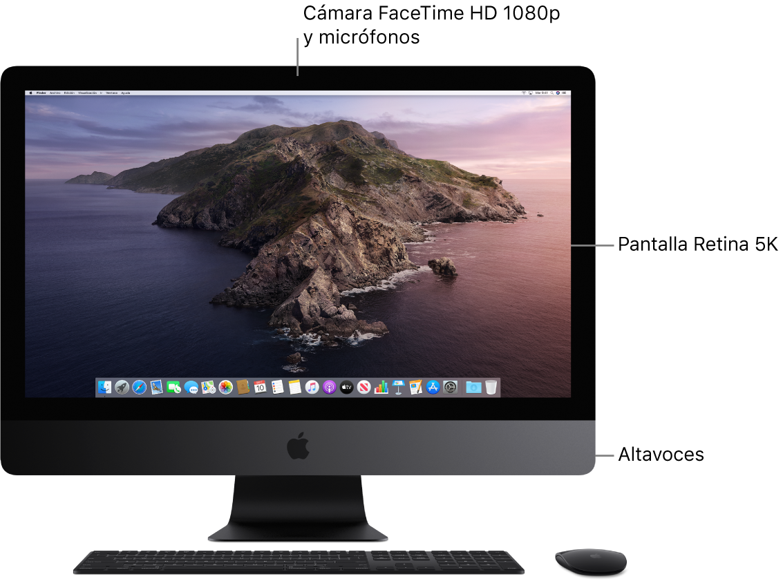 Vista delantera del iMac Pro con la pantalla, la cámara, los micrófonos y los altavoces.