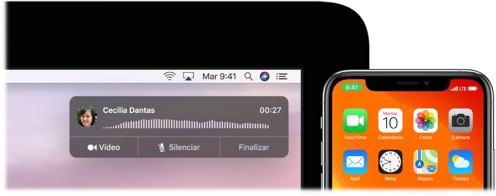 Pantalla del Mac con la ventana de notificación de llamadas en la esquina superior derecha y un iPhone con una llamada en curso a través del Mac.