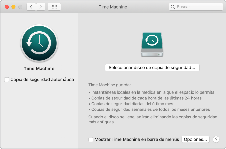 La ventana de copia de seguridad de Time Machine.