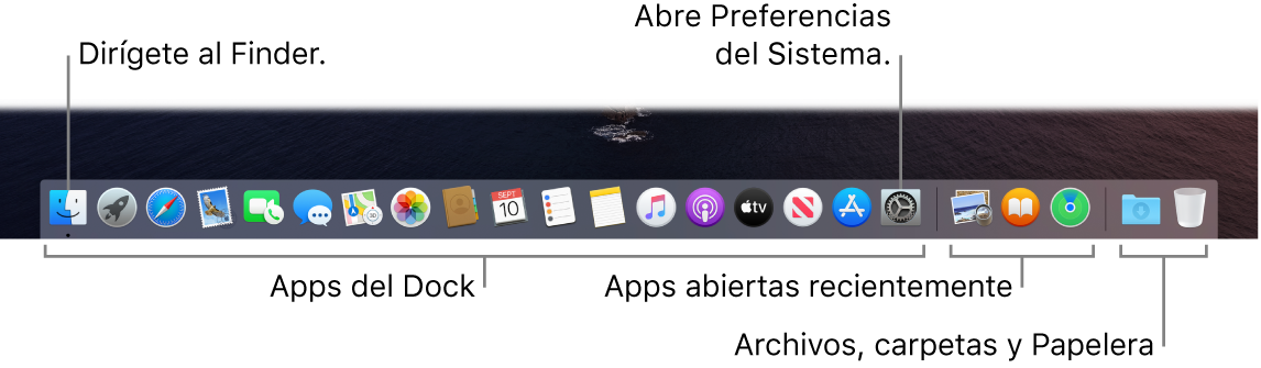 El Dock con el Finder, con Preferencias del Sistema y con la línea del Dock que divide las apps de los archivos y carpetas.