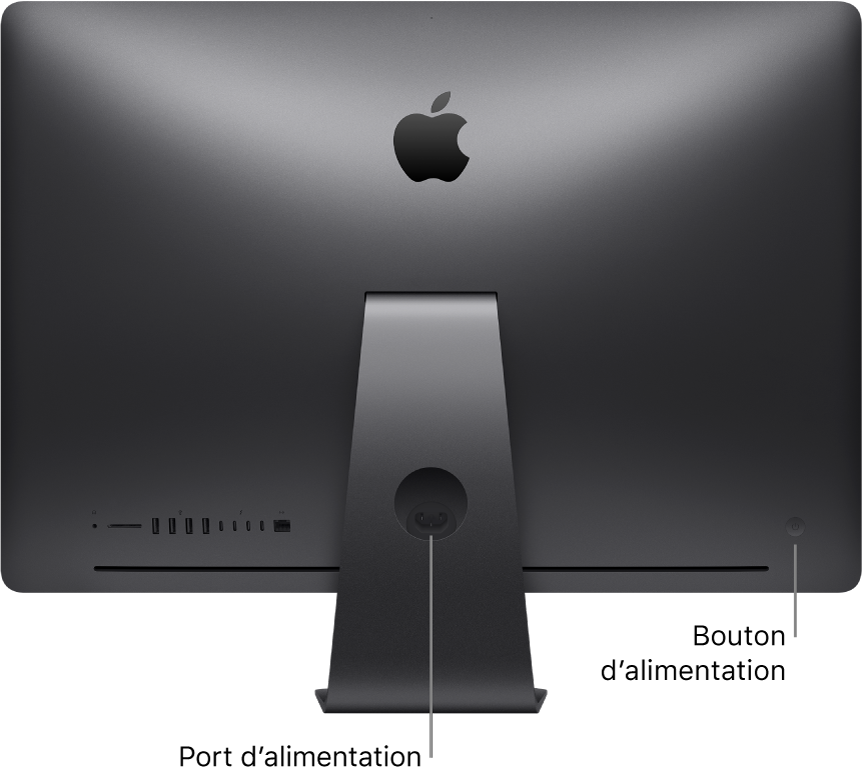 Vue arrière de l’iMac Pro, présentant le port d’alimentation CA et le bouton d’alimentation.