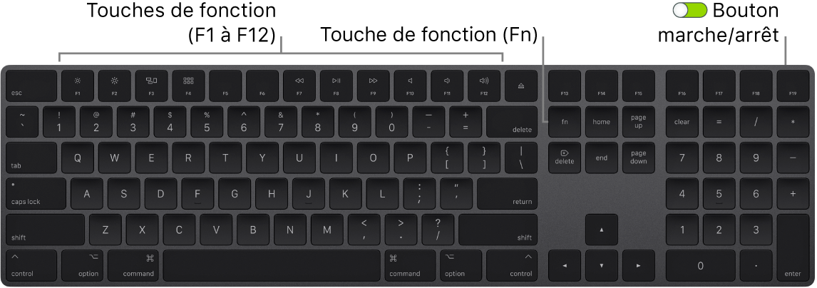 Magic Keyboard présentant la touche de fonction (Fn) dans le coin inférieur gauche et le bouton marche/arrêt dans le coin supérieur droit du clavier.