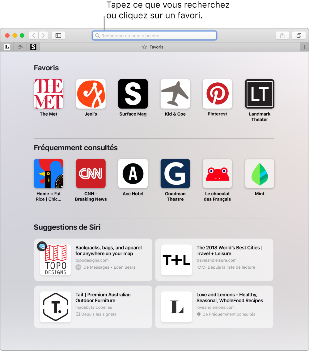 Une fenêtre de Safari, où la présentation Favoris est affichée et le champ de recherche intelligente, sélectionné.