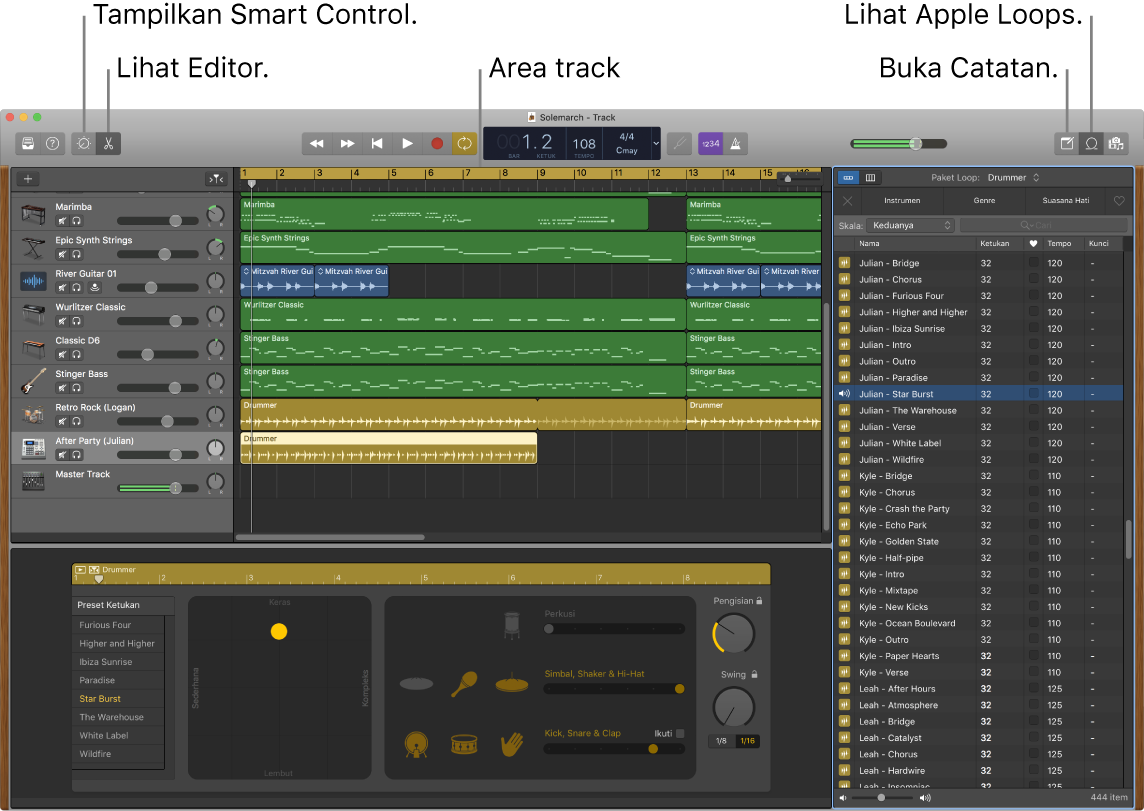 Jendela GarageBand menampilkan tombol untuk mengakses Smart Controls, Editor, Catatan, dan Apple Loops. GarageBand juga menampilkan tampilan track.