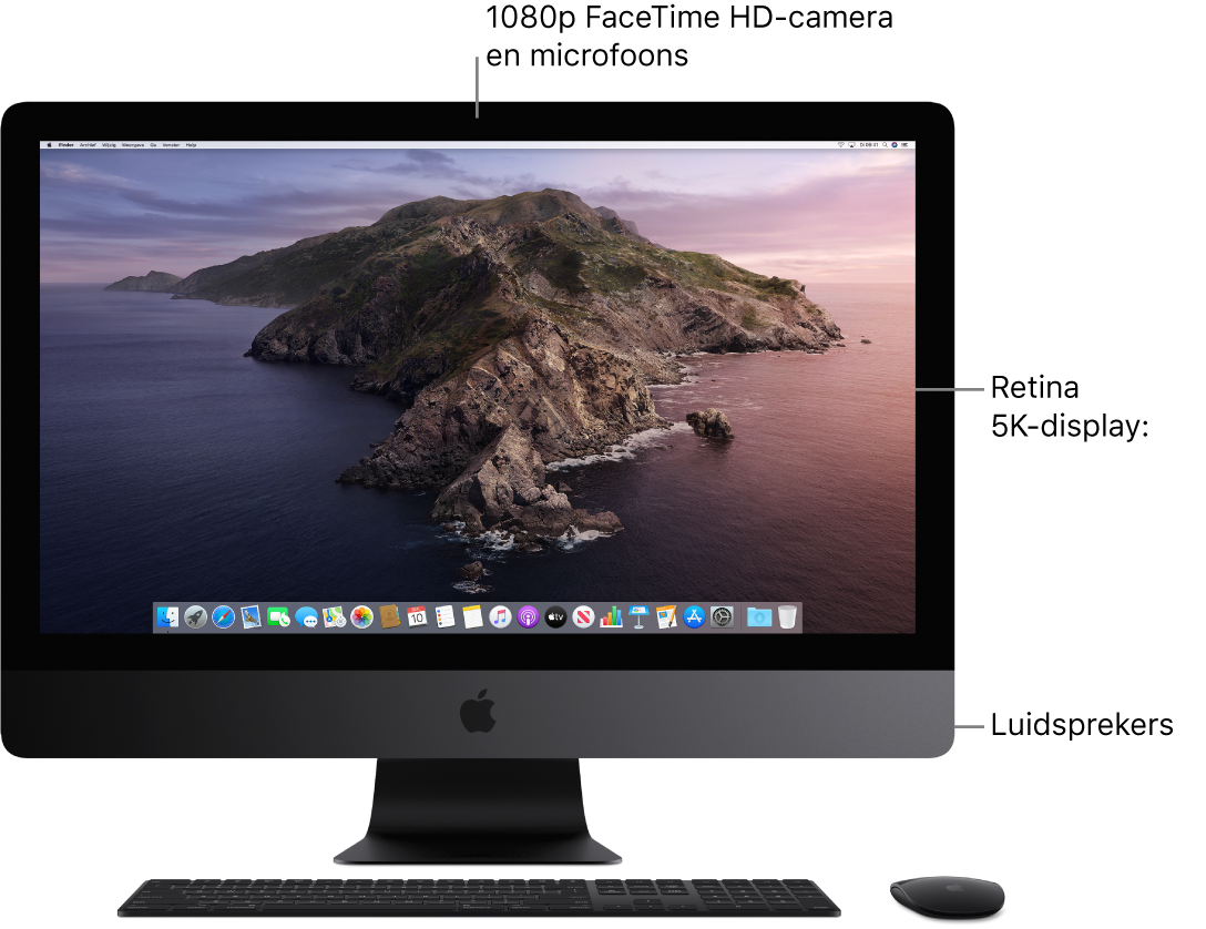 Vooraanzicht van een iMac Pro met het beeldscherm, de camera, de microfoons en de luidsprekers.