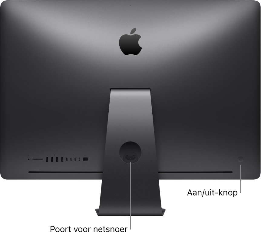 Achteraanzicht van de iMac Pro met de aansluiting voor de lichtnetadapter en de aan/uit-knop.