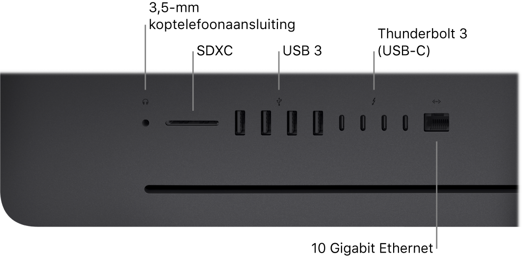 Een iMac Pro met de 3,5-mm koptelefoonaansluiting, SDXC-sleuf, USB 3-poorten, Thunderbolt 3-poorten (USB-C) en Ethernet-poort (RJ-45).