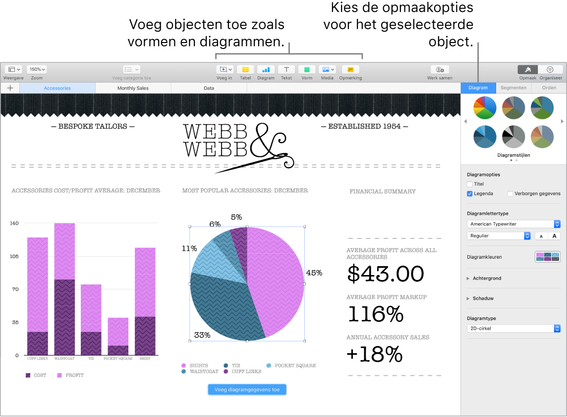 Een Numbers-venster met bijschriften voor de verschillende categorieën objecten die kunnen worden toegevoegd en voor opmaakopties voor objecten.