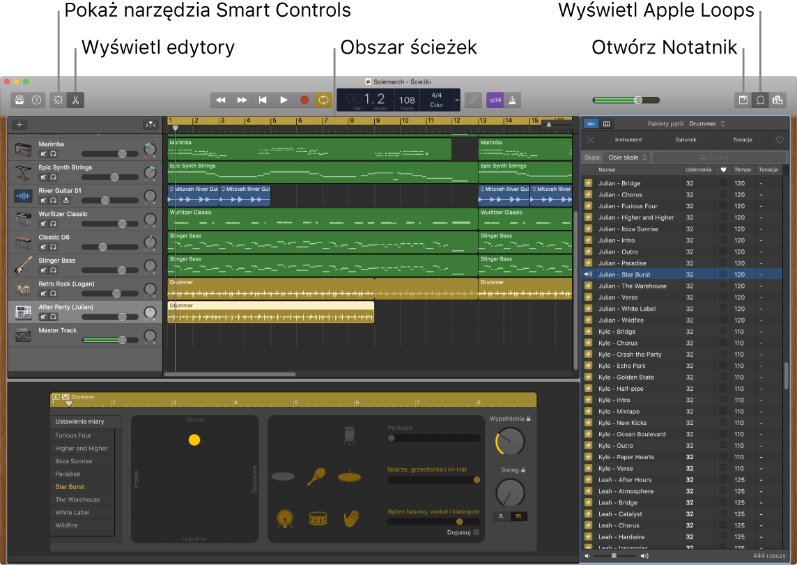 Okno aplikacji GarageBand z opisami przycisków narzędzi Smart Controls, edytorów, notatek i Apple Loops. Widoczny jest także obszar ścieżek.