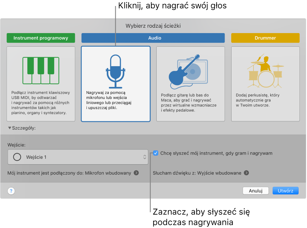 Panel instrumentów w aplikacji GarageBand z opisami opcji narywania głosu oraz opcji pozwalającej słyszeć siebie podczas nagrywania.