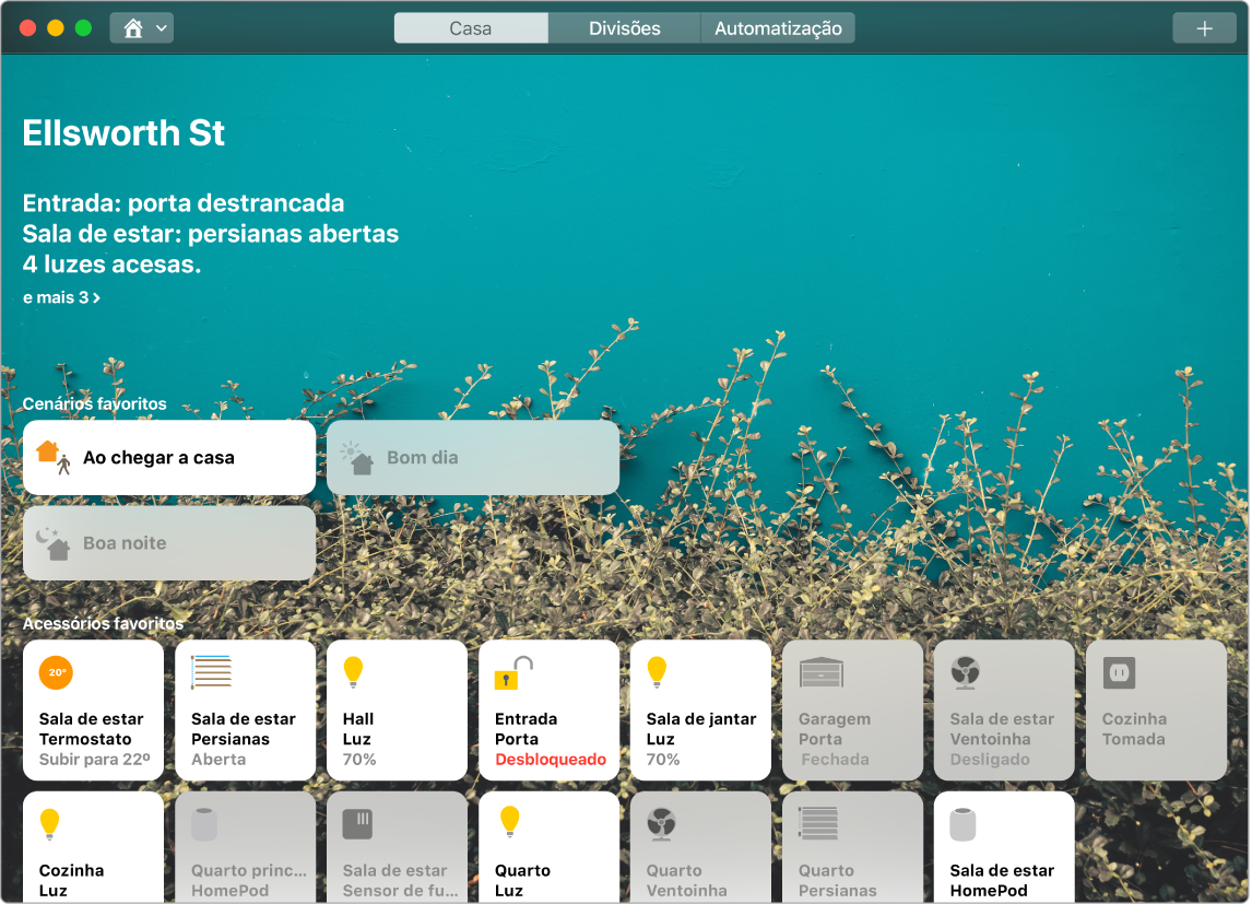 A aplicação Casa a mostrar cenários favoritos e acessórios favoritos.