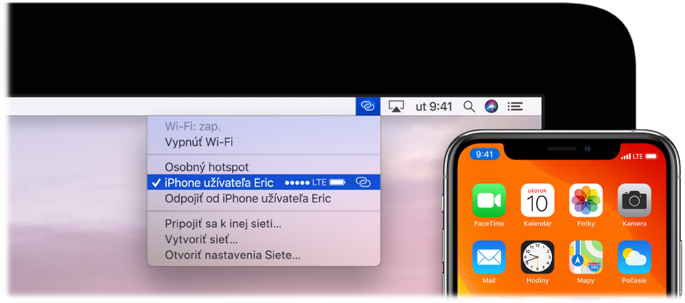 Obrazovka Macu s menu Wi-Fi, v ktorom je znázornené Zdieľanie internetu pripojené k iPhonu.