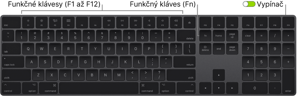 Magic Keyboard s funkčným klávesom (Fn) v ľavom dolnom rohu a prepínačom zapnutia/vypnutia v pravom hornom rohu klávesnice.