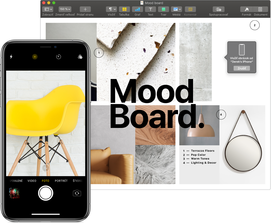 iPhone s fotkou a obrazovka Macu, na ktorej sa zobrazuje dokument Pages a v ňom rámček, do ktorého bude fotka umiestnená.