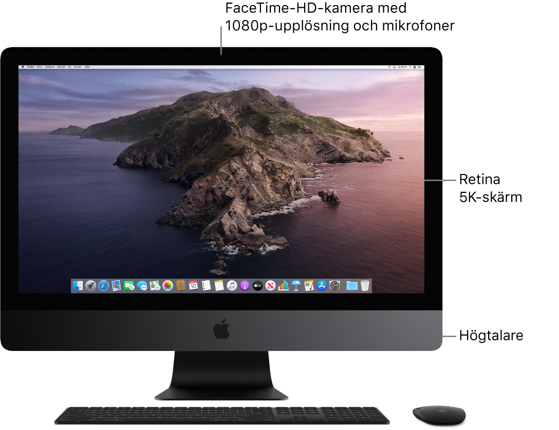 Vy av framsidan på iMac Pro med skärmen, kameran, mikrofoner och högtalare.