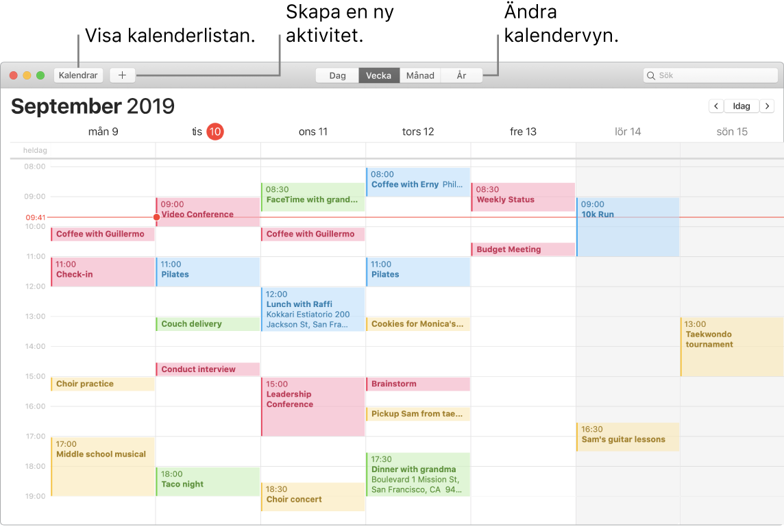 Ett Kalender-fönster som illustrerar hur du skapar en aktivitet, visar kalenderlistan och väljer dag-, vecko-, månads- eller årsvyn.