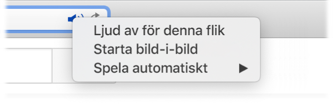 Undermenyn för ljudsymbolen med alternativen Ljud av för denna flik, Starta bild-i-bild och Spela automatiskt.