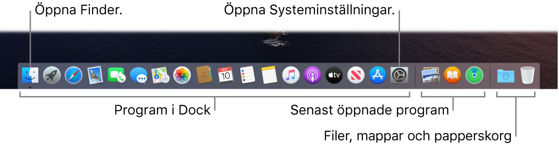 Dock som visar Finder, Systeminställningar och avdelaren i Dock som skiljer program från filer och mappar.