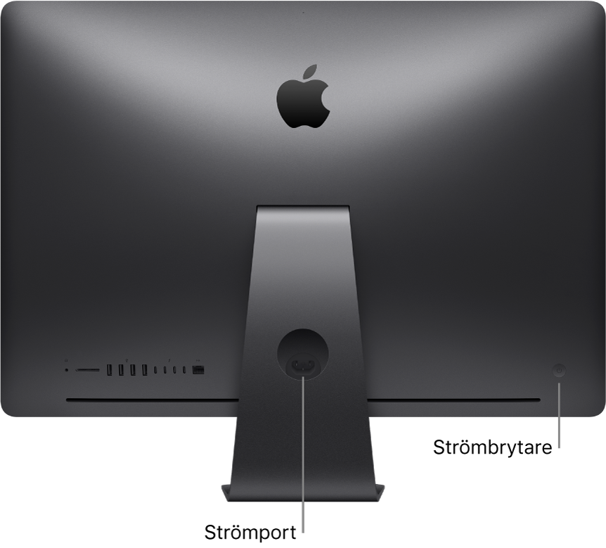 iMac Pros baksida med strömkontakten och strömbrytaren.