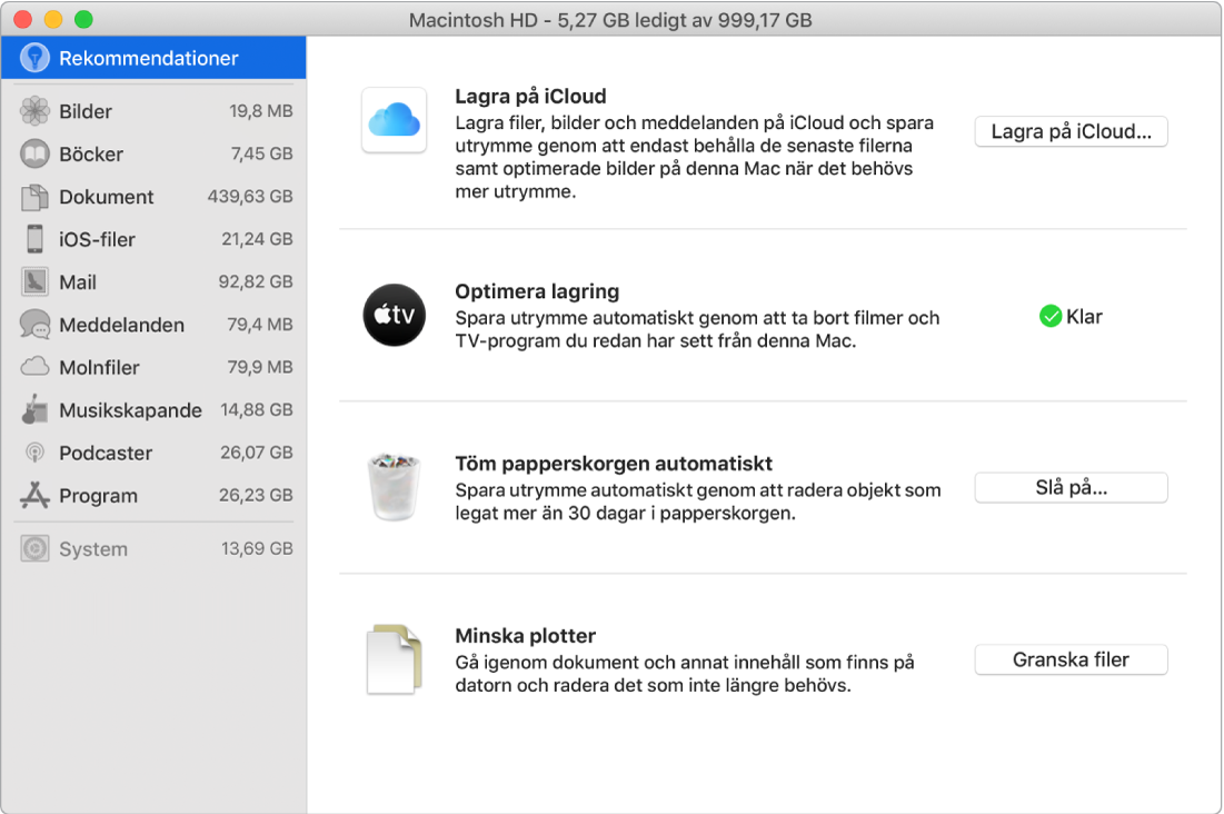 Inställningspanelen Rekommendationer för lagring med alternativen Lagra på iCloud, Optimera lagring, Radera papperskorgen automatiskt och Minska plotter.