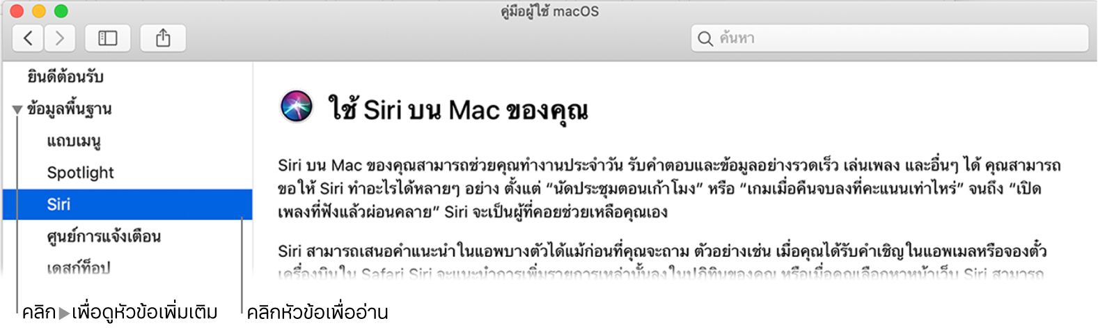 ตัวแสดงวิธีใช้ที่แสดงวิธีการดูหัวข้อต่างๆ จะอยู่ในรายการแถบข้างและวิธีการแสดงเนื้อหาของหัวข้อ