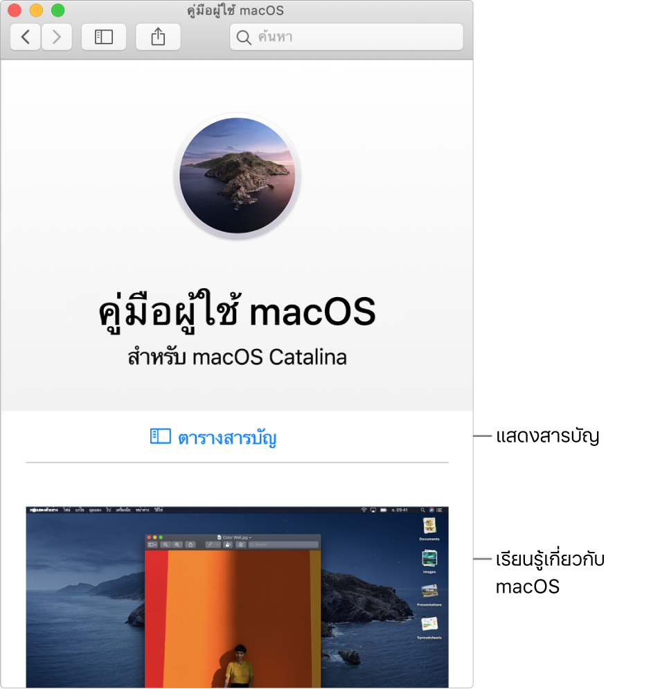 หน้าต้อนรับของคู่มือผู้ใช้ macOS ที่แสดงลิงก์สารบัญ