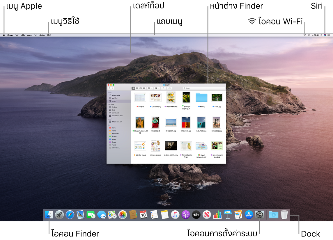 หน้าจอ Mac ที่แสดงเมนู Apple, เมนูวิธีใช้, เดสก์ท็อป, แถบเมนู, หน้าต่าง Finder, ไอคอน Wi-Fi, ไอคอนถาม Siri, Dock, ไอคอน Finder, ไอคอนการตั้งค่าระบบ และ Dock