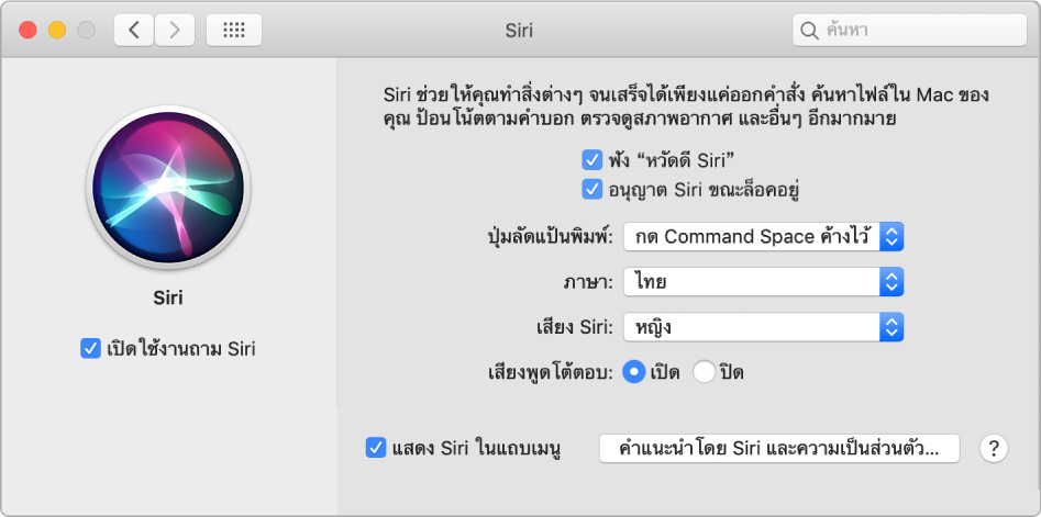 หน้าต่างการตั้งค่า Siri ที่มีกล่องกาเครื่องหมายเปิดใช้งานถาม Siri ถูกเลือกอยู่ทางด้านซ้าย และตัวเลือกต่างๆ สำหรับกำหนด Siri เองอยู่ทางด้านขวา รวมถึง “ฟังคำว่า ‘หวัดดี Siri’”