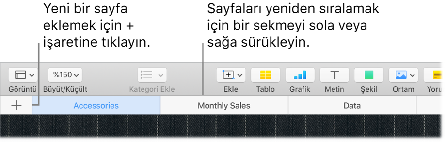 Nasıl yeni sayfa ekleyeceğinizi ve sayfaların sırasını değiştirebileceğinizi gösteren Numbers penceresi.