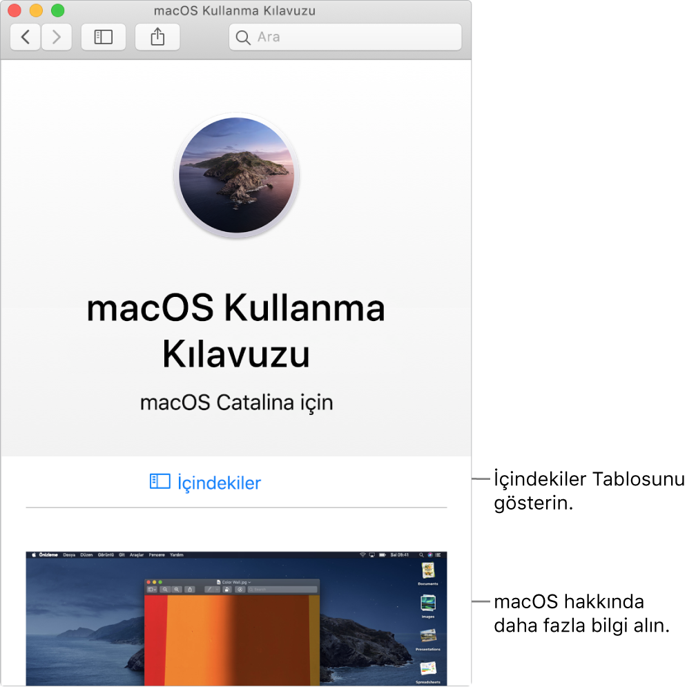 İçindekiler bağlantısını gösteren macOS Kullanma Kılavuzu hoş geldiniz sayfası.