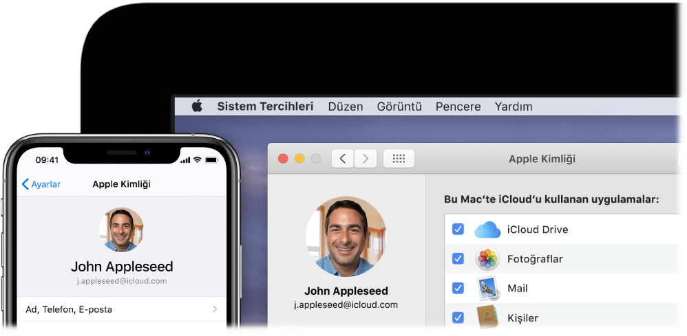 iCloud ayarlarını gösteren bir iPhone ile iCloud penceresini gösteren bir Mac ekranı.