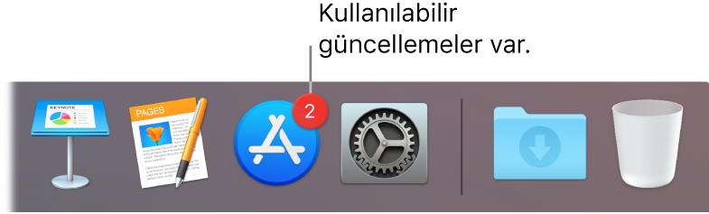 App Store simgesini kullanılabilir güncellemeler olduğunu belirten bir işaretle gösteren Dock’ın bir kısmı.