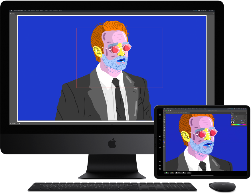 iMac Pro та iPad поруч. На iMac Pro показано рисунок у вікні навігатора програми Illustrator. На iPad показано той самий рисунок у вікні документа Illustrator, який оточено панелям інструментів.