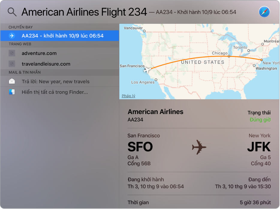 Cửa sổ Spotlight đang hiển thị một bản đồ và thông tin chuyến bay cho chuyến bay mà bạn tìm kiếm.