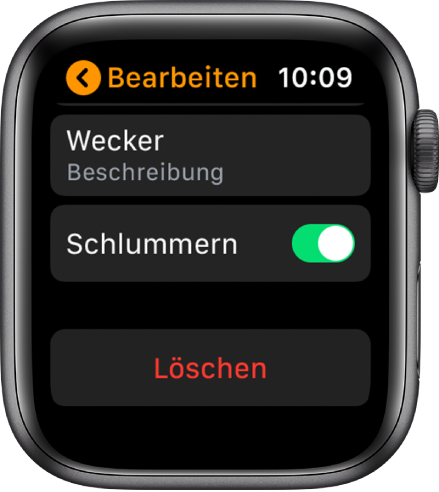 Bildschirm „Wecker bearbeiten“ mit der Taste „Löschen“ unten.