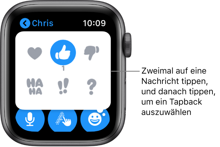Eine Konversation in „Nachrichten“ mit Optionen für Tapback: Herz, Daumen hoch, Daumen runter, Ha Ha, !! und ?.