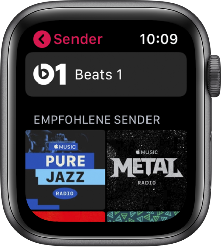 Der Radio-Bildschirm mit Beats 1 Radio oben und zwei empfohlenen Sendern darunter.