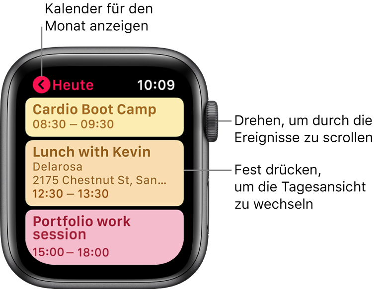 Bildschirm in „Kalender“ mit der Ereignisliste für den Tag.