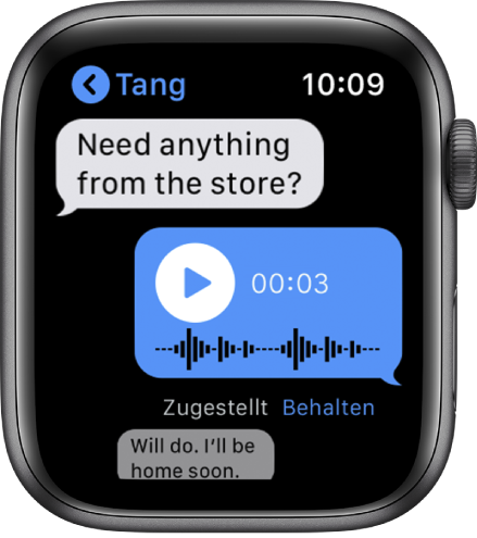 Nachrichtenbildschirm mit einer Konversation. Die mittlere Antwort ist eine Audionachricht mit der Taste „Wiedergabe“.