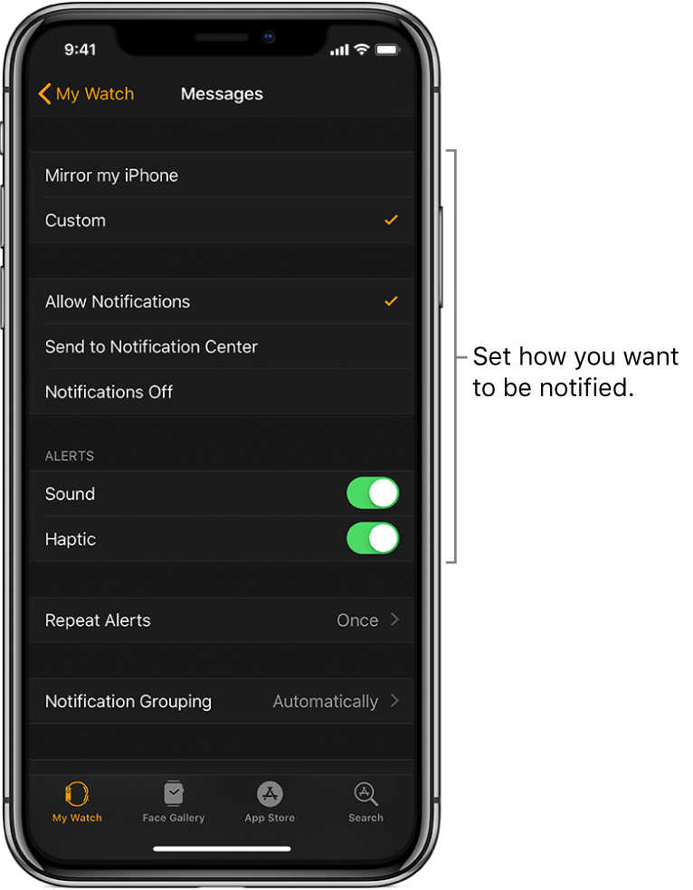 Messages settings in the Apple Watch app on iPhone. You can choose whether to show alerts, turn on sound, turn on haptic, and repeat alerts.