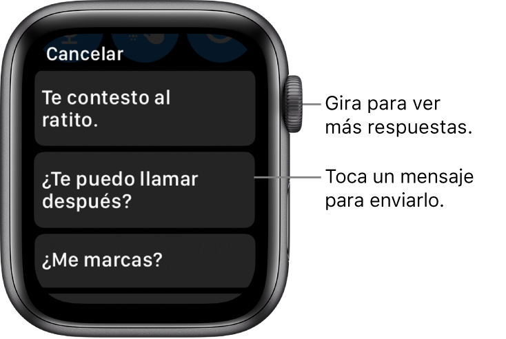 Pantalla de Mail mostrando el botón Cancelar en la parte superior, tres respuestas preestablecidas ("Te contesto al ratito", "¿Te puedo llamar después?" y "¿Me marcas?").