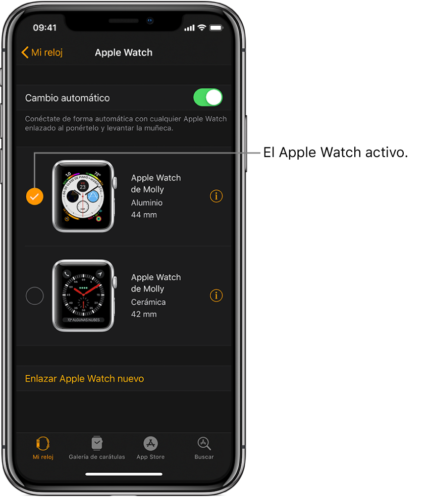 La marca de verificación muestra el Apple Watch activo.