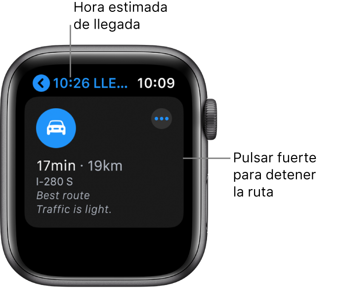 App Mapas que muestra la hora estimada de llegada arriba a la izquierda, la dirección debajo, los minutos hasta el destino, la distancia de la ruta en kilómetros y el mensaje “Tráfico fluido”. El texto de la pantalla indica: “Pulsa fuerte para detener las indicaciones”.