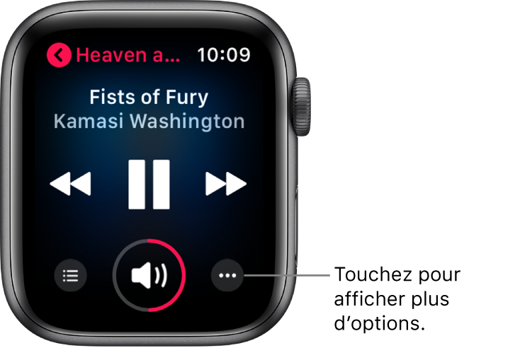 Écran À l’écoute affichant les commandes de lecture et de volume, le titre du morceau et le nom de l’artiste, et le nom de l’album dans le coin supérieur gauche.