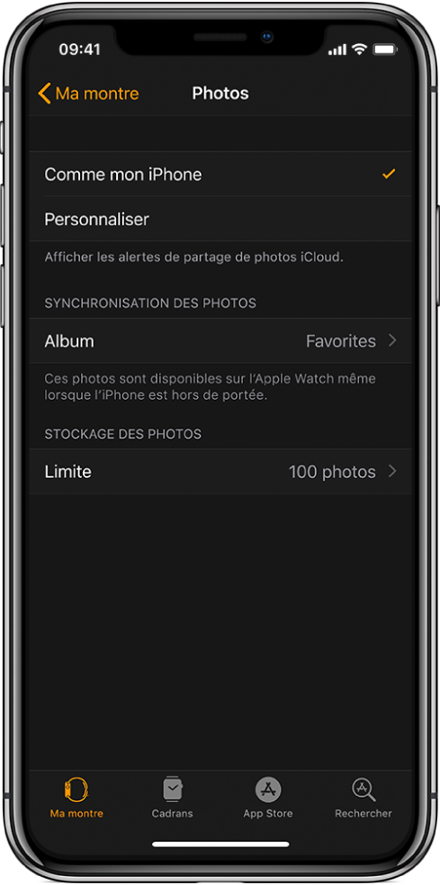 Réglages Photos dans l’app Apple Watch sur l’iPhone, avec le réglage Album synchronisé au milieu et le réglage Limite de photos en dessous.