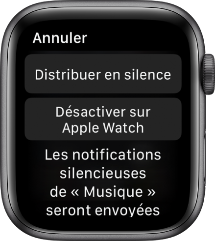 Réglages de notification sur l’Apple Watch. Le bouton supérieur affiche « Distribuer en silence » et celui en dessous : « Désactiver sur l’Apple Watch. »