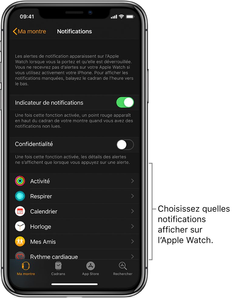 L’écran Notifications de l’app Apple Watch sur l’iPhone montrant des sources de notifications.